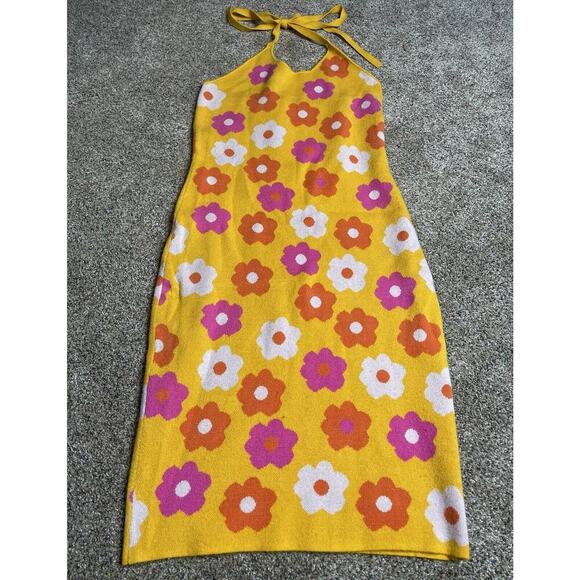 Willow & Wind Bohemian Hippie Floral Yellow Pink Dress Halter Sweater Medium - Picture 1 of 9